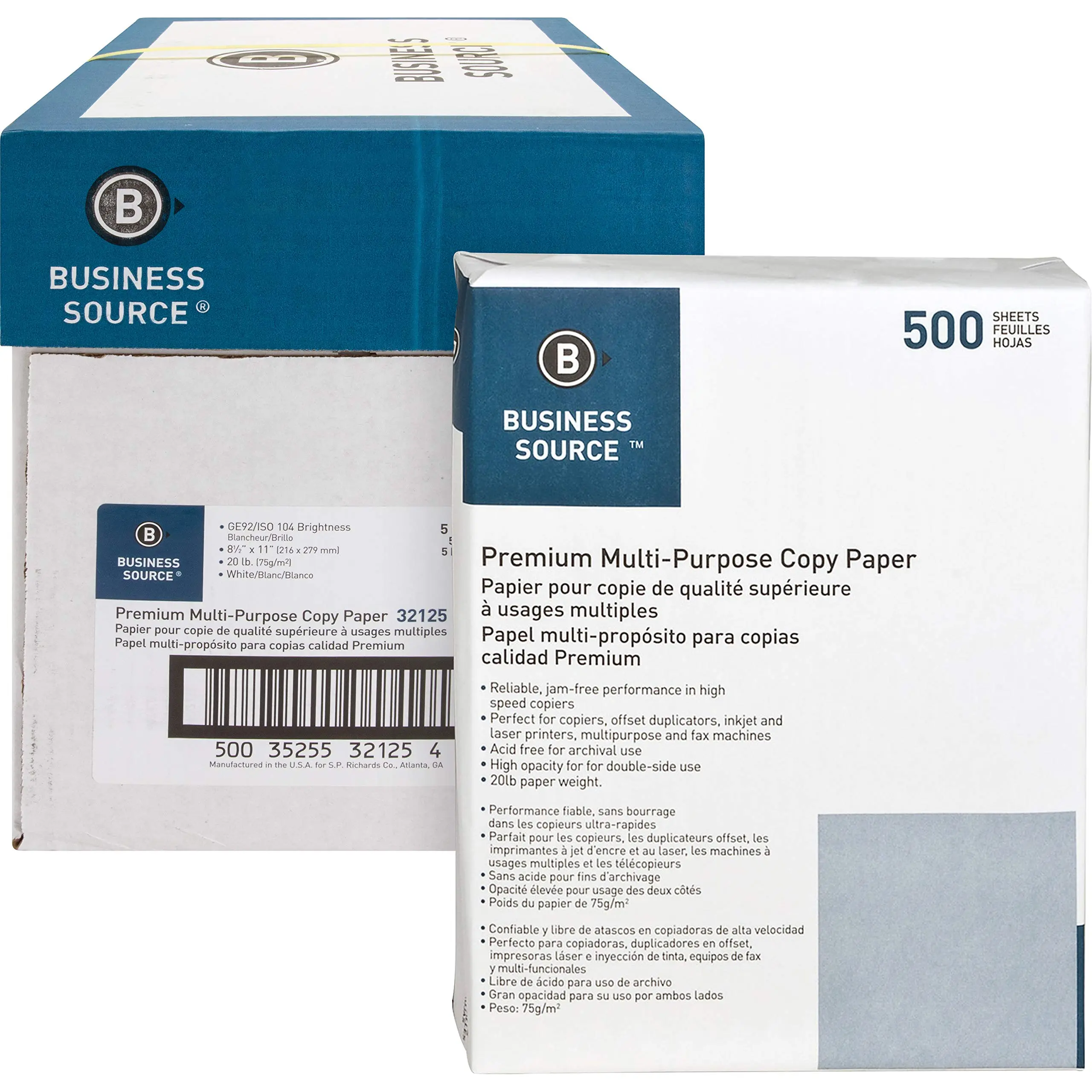 Business Source Premium Multi-Purpose Copy Paper, 8.5" x 11", 92 Brightness, 20 lb, 5 Reams