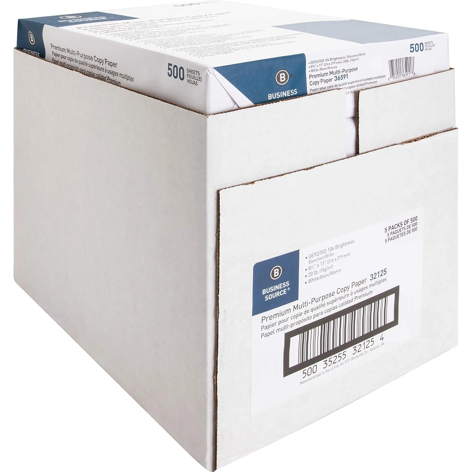 Business Source Premium Multi-Purpose Copy Paper, 8.5" x 11", 92 Brightness, 20 lb, 5 Reams