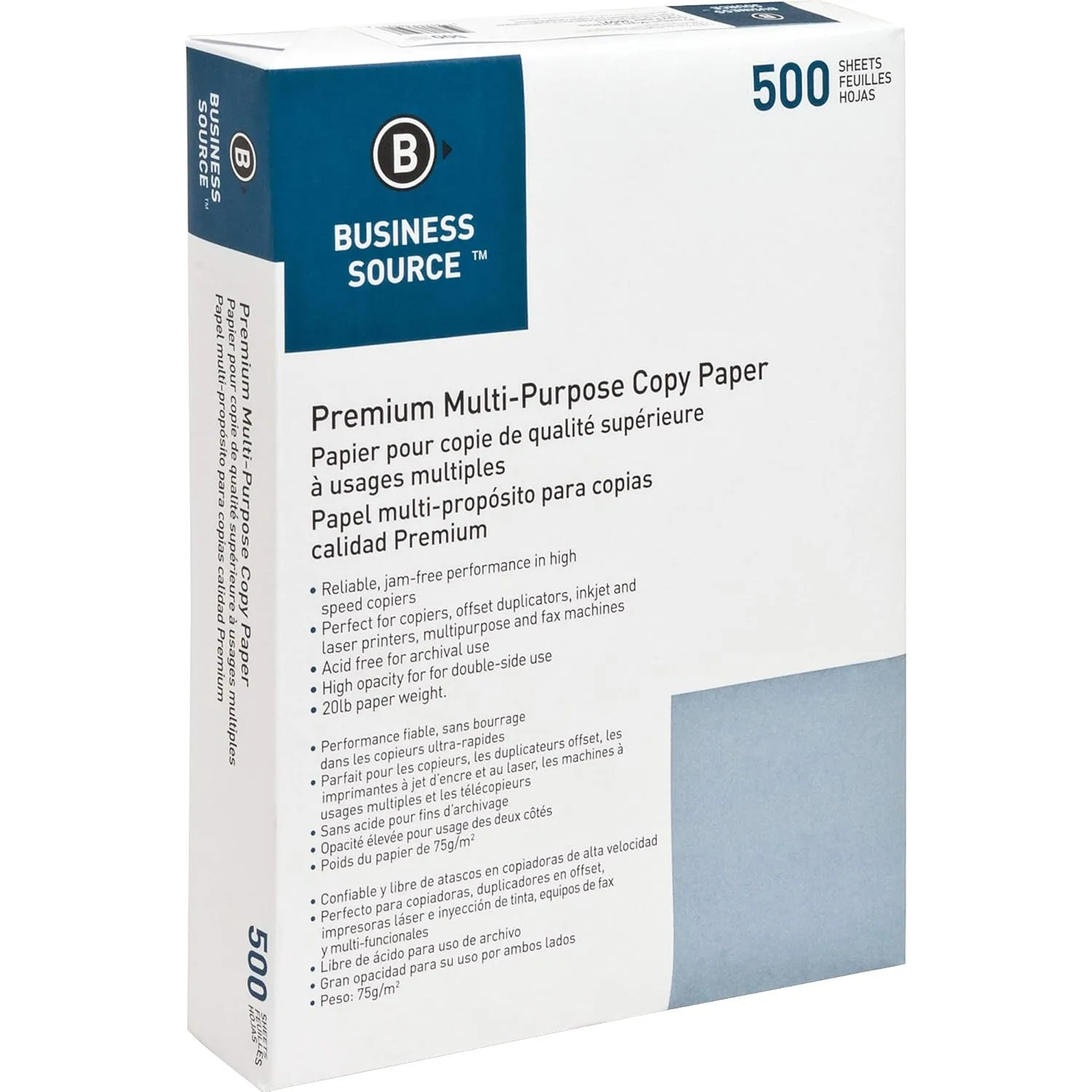 Business Source Premium Multi-Purpose Copy Paper, 8.5" x 11", 92 Brightness, 20 lb, 5 Reams