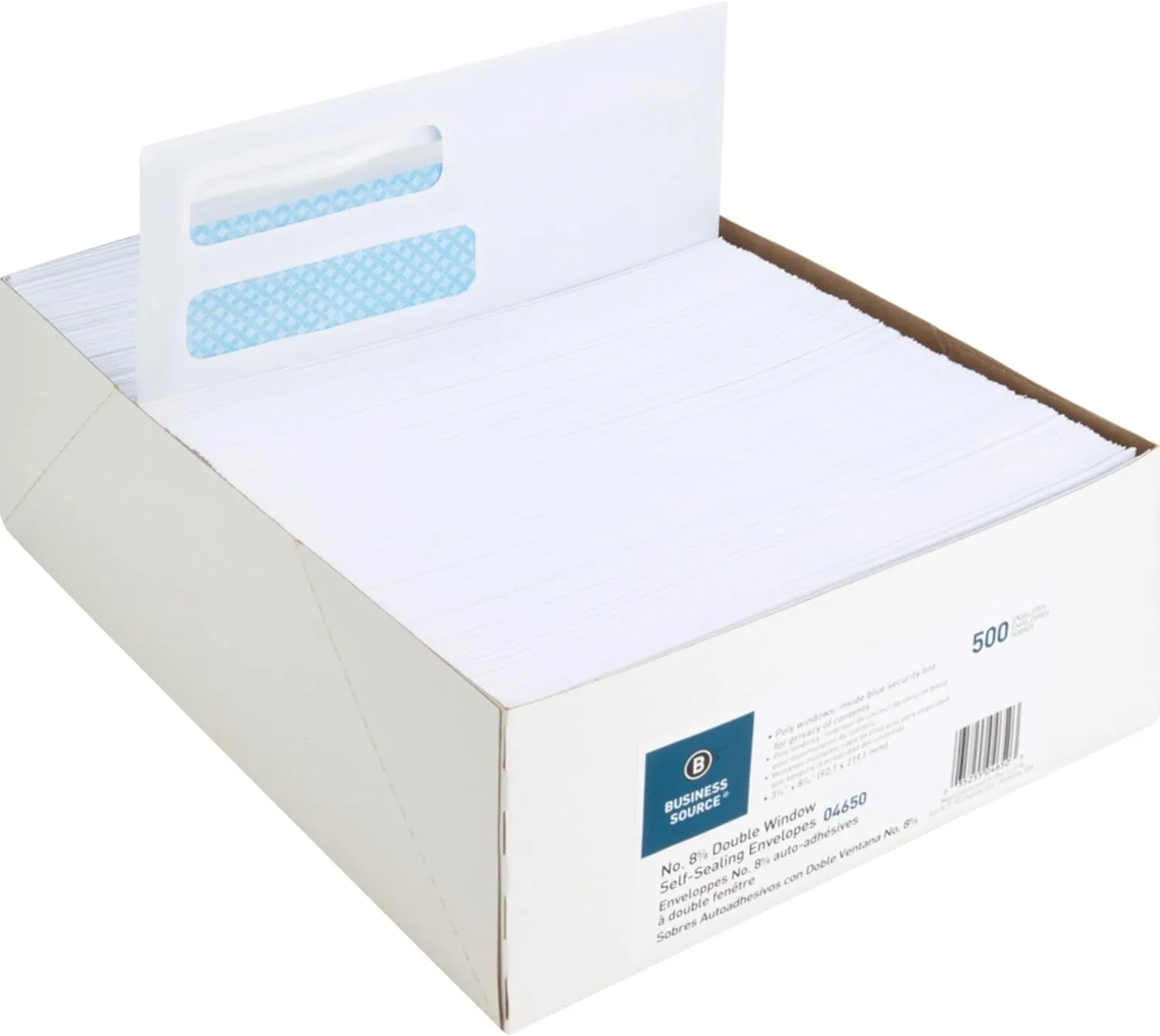 Business Source Double Window No. 8-5/8 Check Envelopes - Double Window - #8 5/8-8 5/8" Width x 3 5/8" Length - 24 lb - Self-Sealing - 500 / Box - White