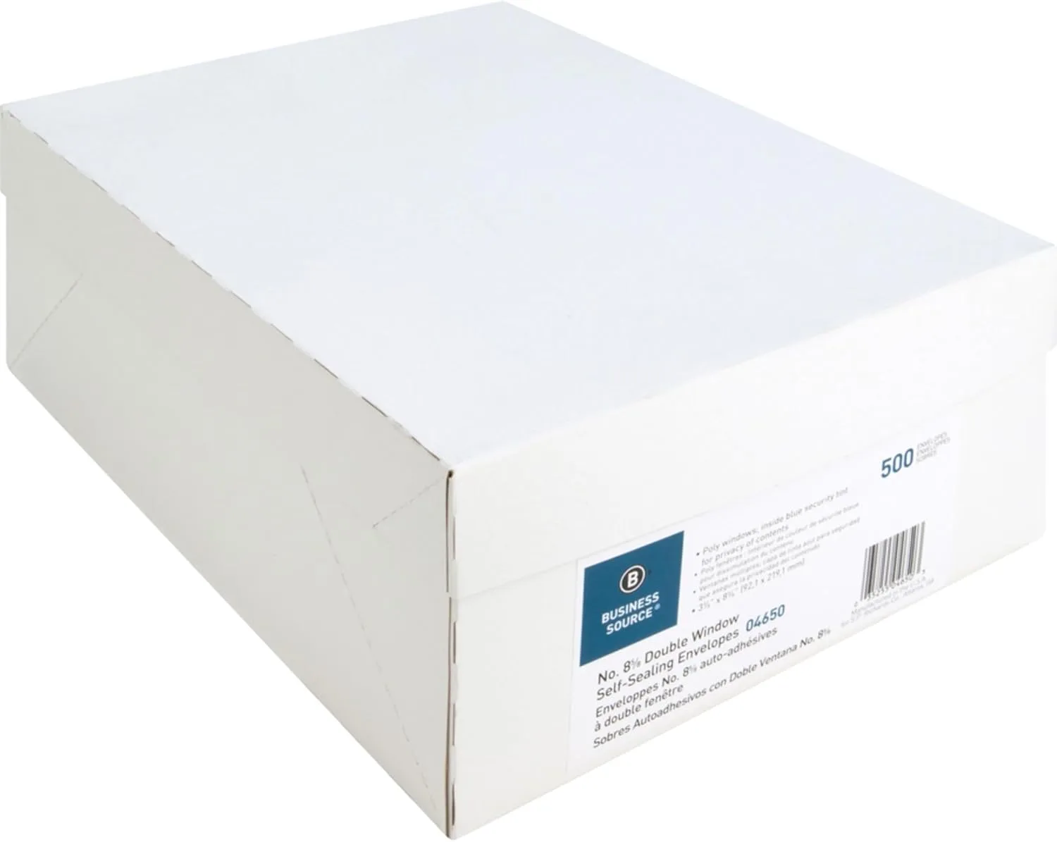 Business Source Double Window No. 8-5/8 Check Envelopes - Double Window - #8 5/8-8 5/8" Width x 3 5/8" Length - 24 lb - Self-Sealing - 500 / Box - White