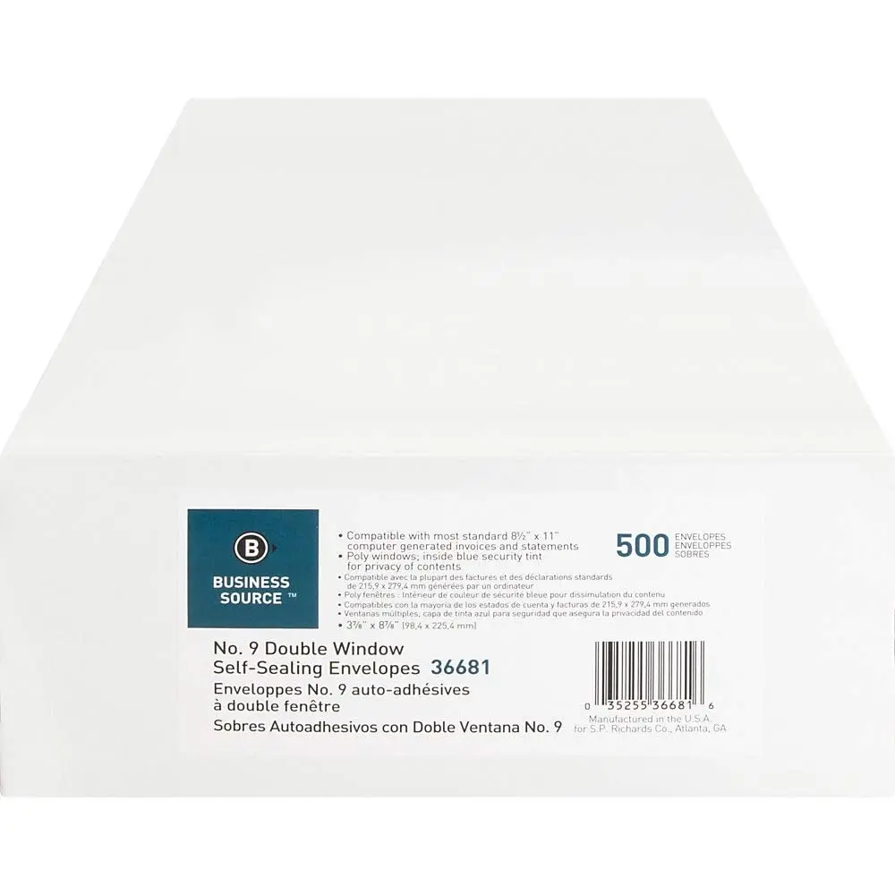 Business Source No. 9 Double Window Invoice Envelopes - #9 - 8 7/8in x 3 7/8in - 24 lb - Self-sealing - White - 500/Box