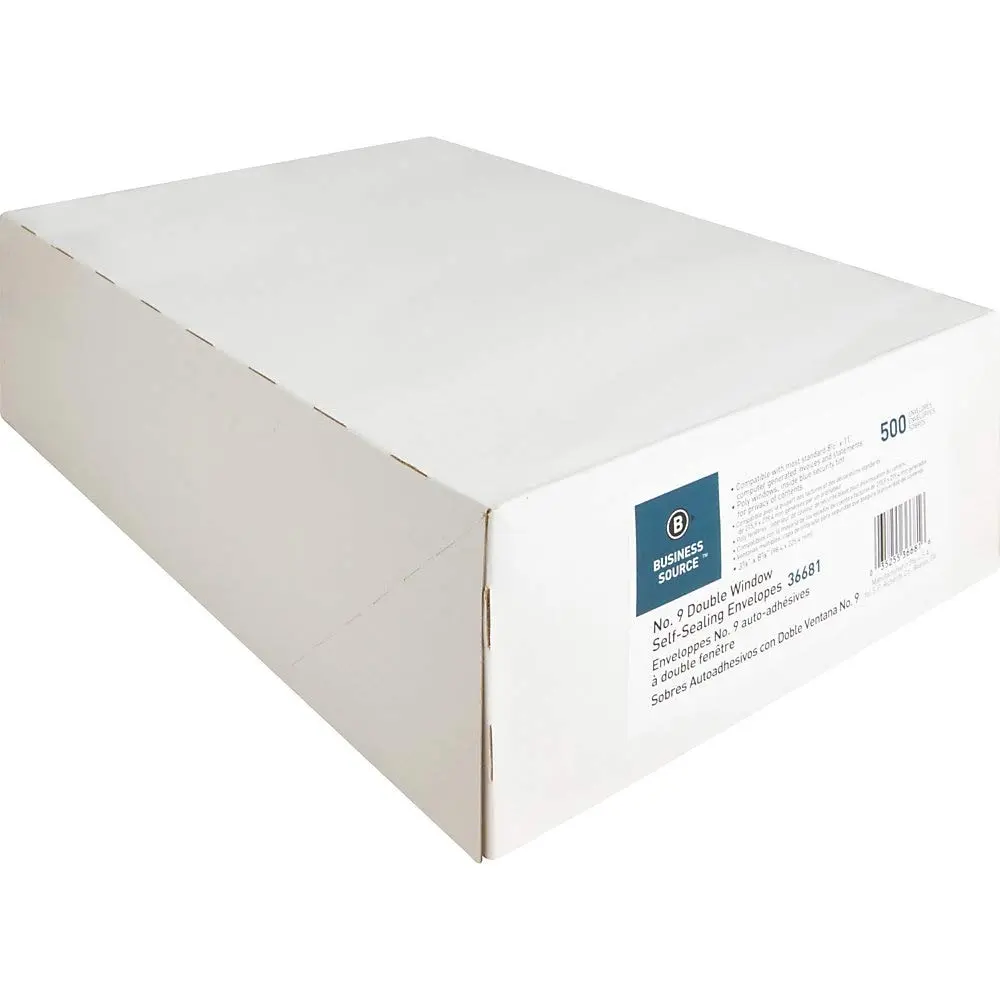 Business Source No. 9 Double Window Invoice Envelopes - #9 - 8 7/8in x 3 7/8in - 24 lb - Self-sealing - White - 500/Box