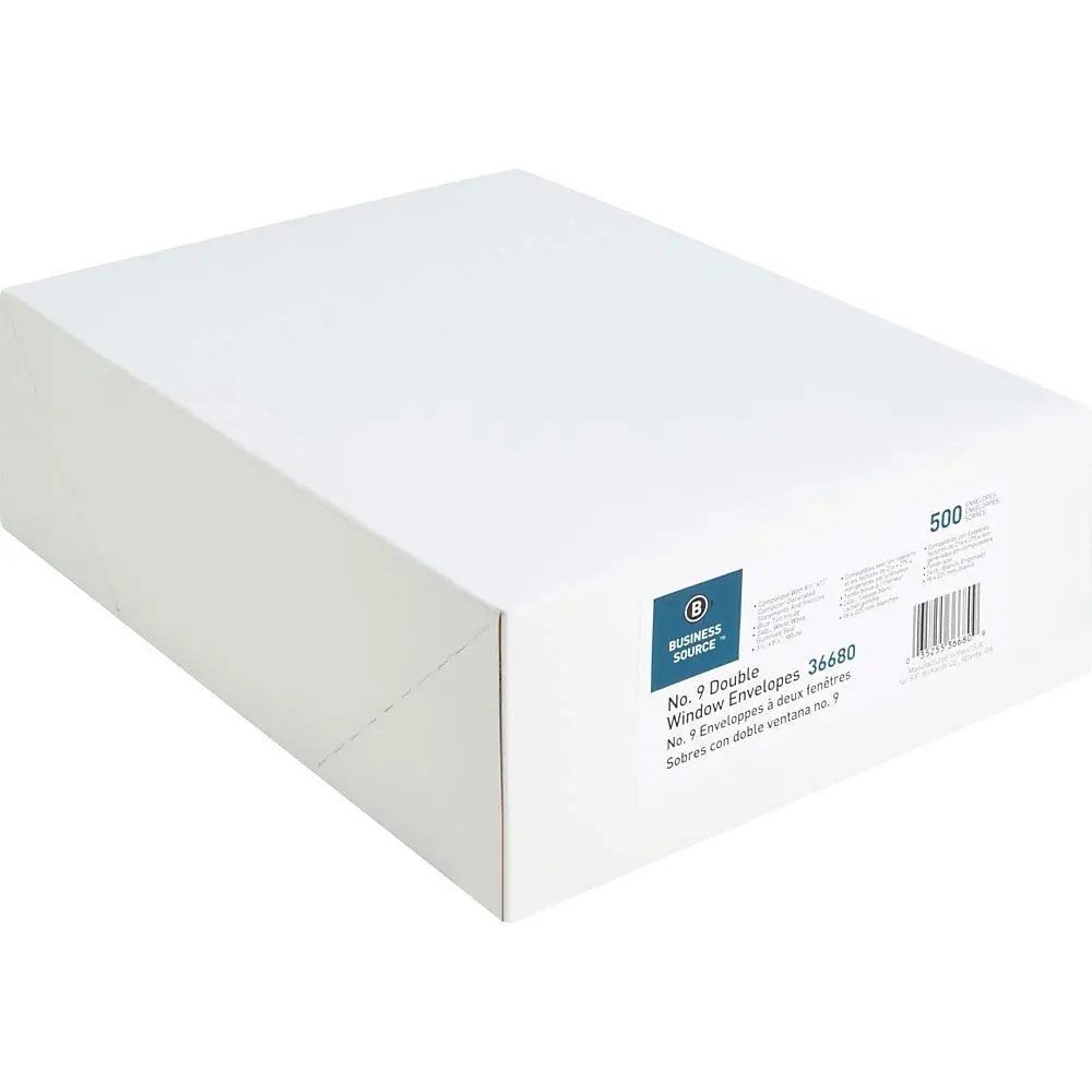 Business Source No. 9 Double Window Invoice Envelopes - #9 - 8 7/8in x 3 7/8in - 24 lb - White - 500/Box