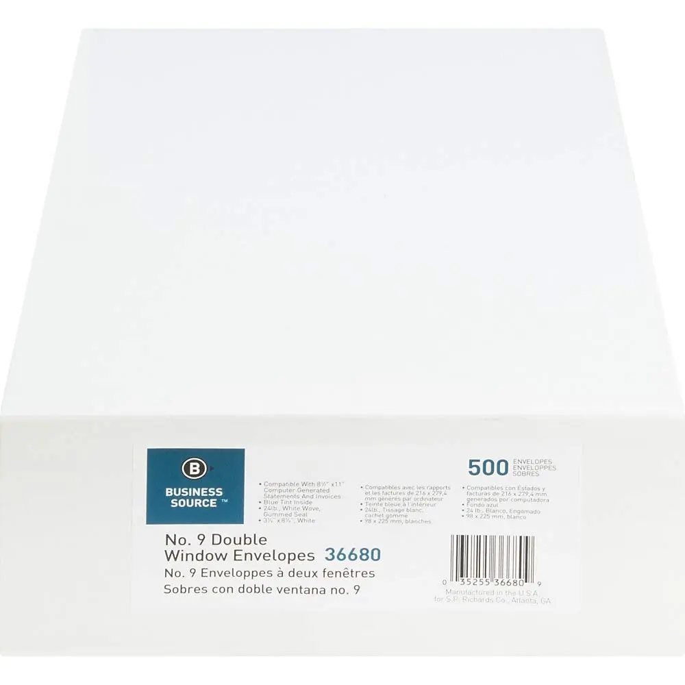 Business Source No. 9 Double Window Invoice Envelopes - #9 - 8 7/8in x 3 7/8in - 24 lb - White - 500/Box