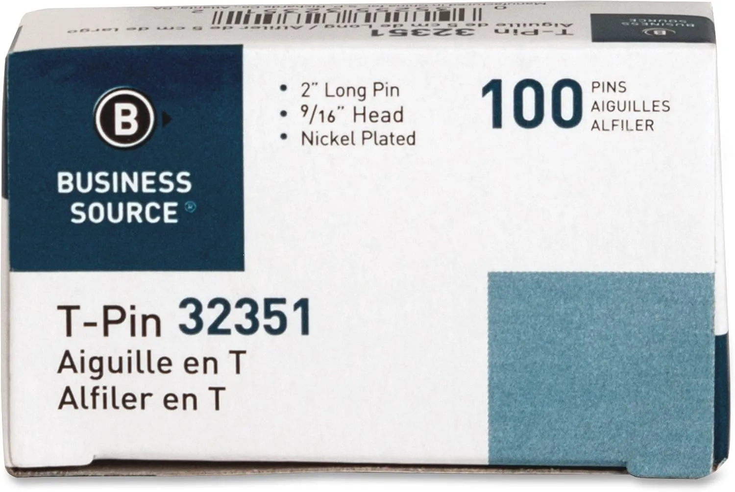 Business Source 32351 T-Pins, 9/16 in. Head Width, 2 in. Length, 100/BX, Silver 2"