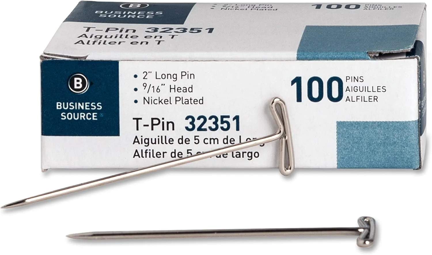 Business Source 32351 T-Pins, 9/16 in. Head Width, 2 in. Length, 100/BX, Silver 2"