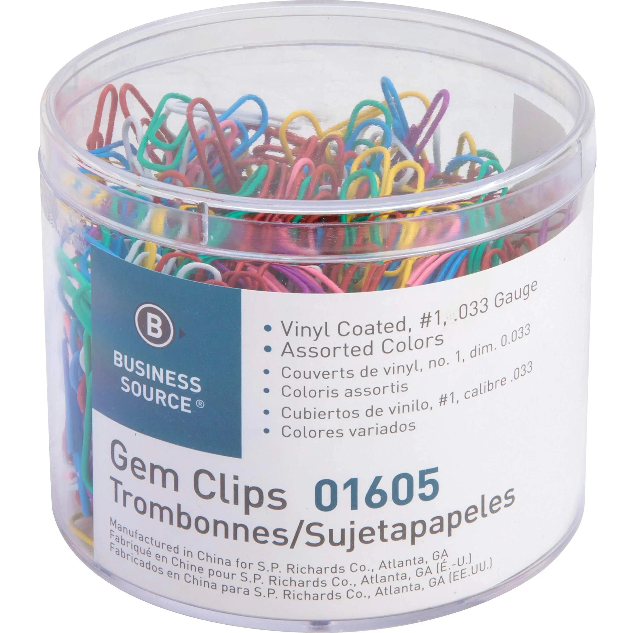Business Source Vinyl-Coated Gem Clips, Box Of 500, No. 1, Assorted Colors