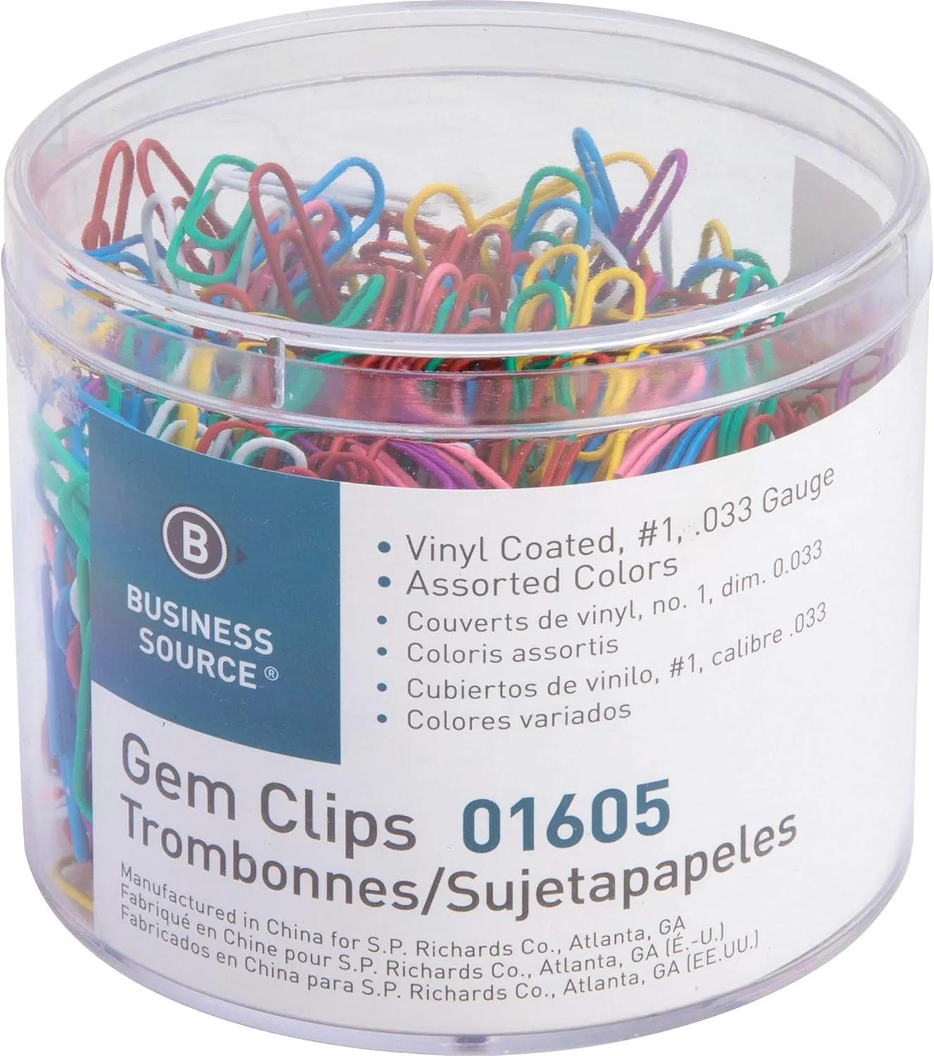 Business Source Vinyl-Coated Gem Clips, Box Of 500, No. 1, Assorted Colors