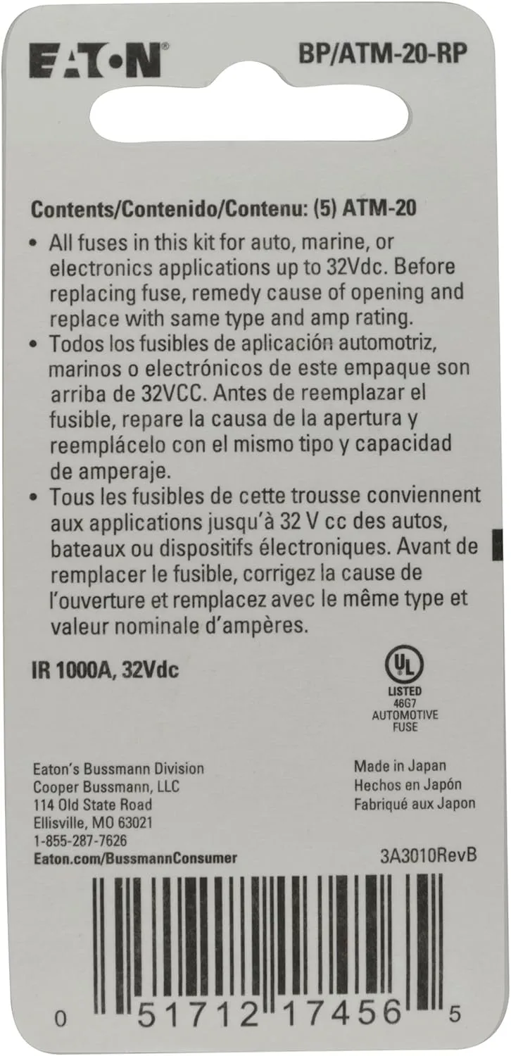 Bussmann - BP/ATM-20-RP 0408.1332 BP/ATM-20 20 Amp Fast Acting Mini-Fuse,Yellow