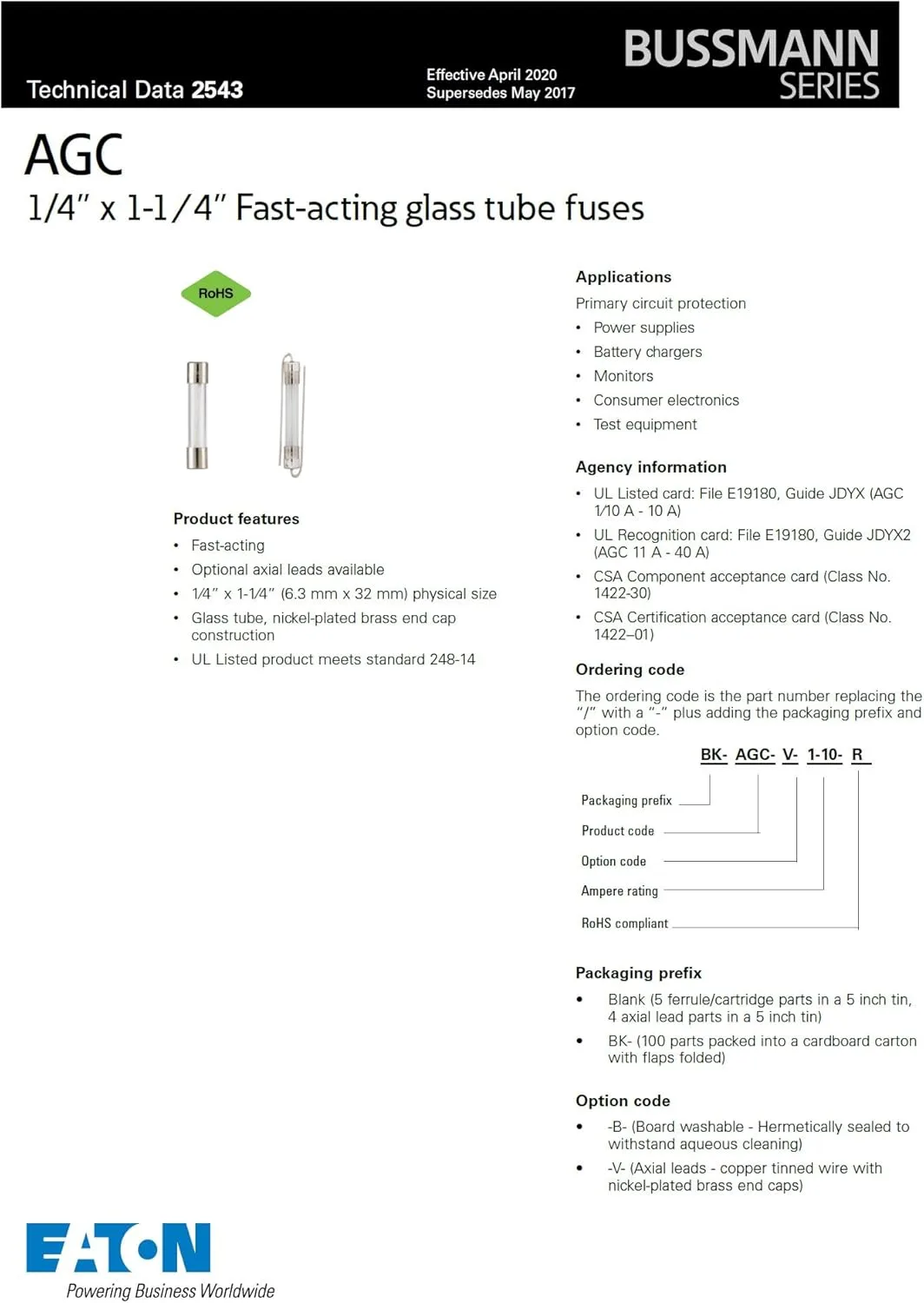 Bussmann BP/AGC-2-RP 2 Amp Electronic Glass Fuse (5-Pack)