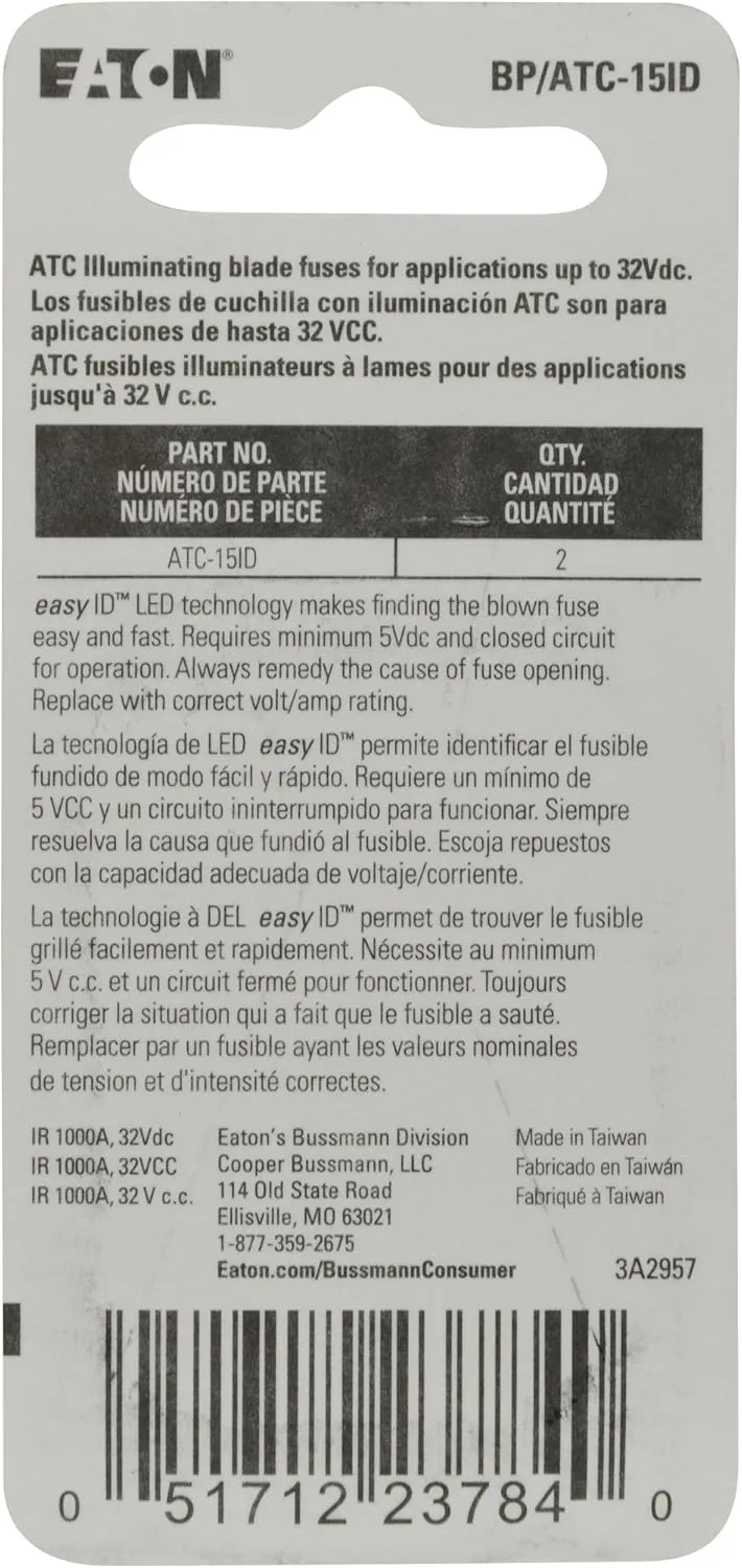 Bussmann BP/ATC-15ID easyID Illuminating Blade Fuse, (Pack of 2)
