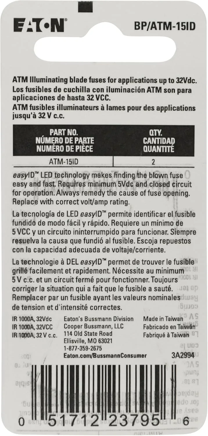 Bussmann BP/ATM-15ID easyID Illuminating Blade Fuse, (Pack of 2)
