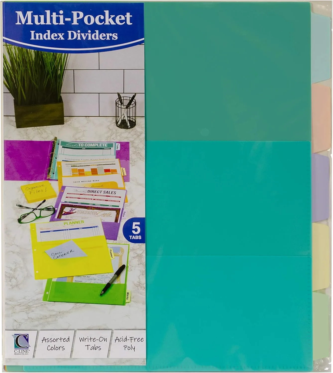 C-Line Index Dividers with Multi-Pockets, 5-Tab, 11.5 X 10, Assorted, 1 Set 8.5" x 11" (A4)