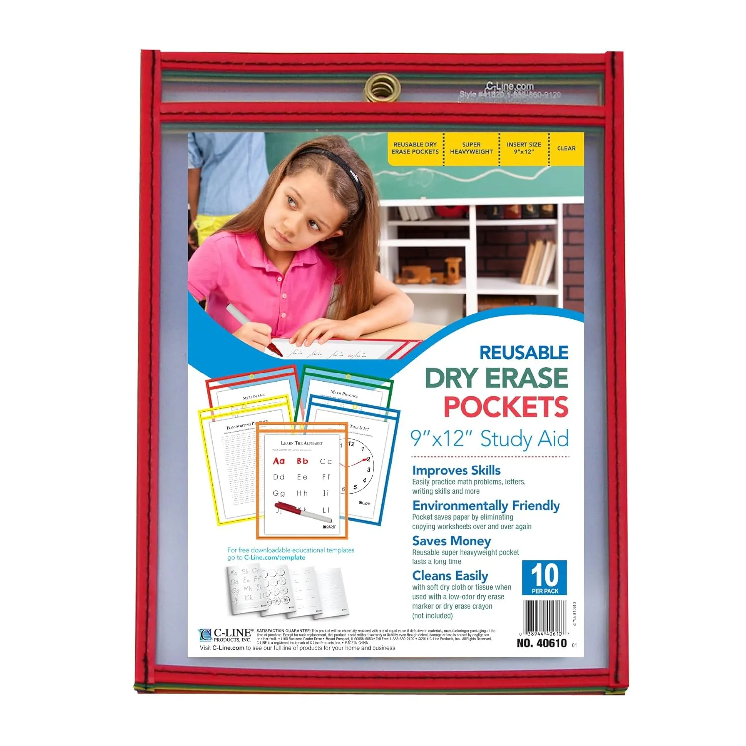 C-Line Reusable Dry Erase Pockets, 9 x 12 Inches, Assorted Primary Colors, 10 Pockets per Pack (40610)