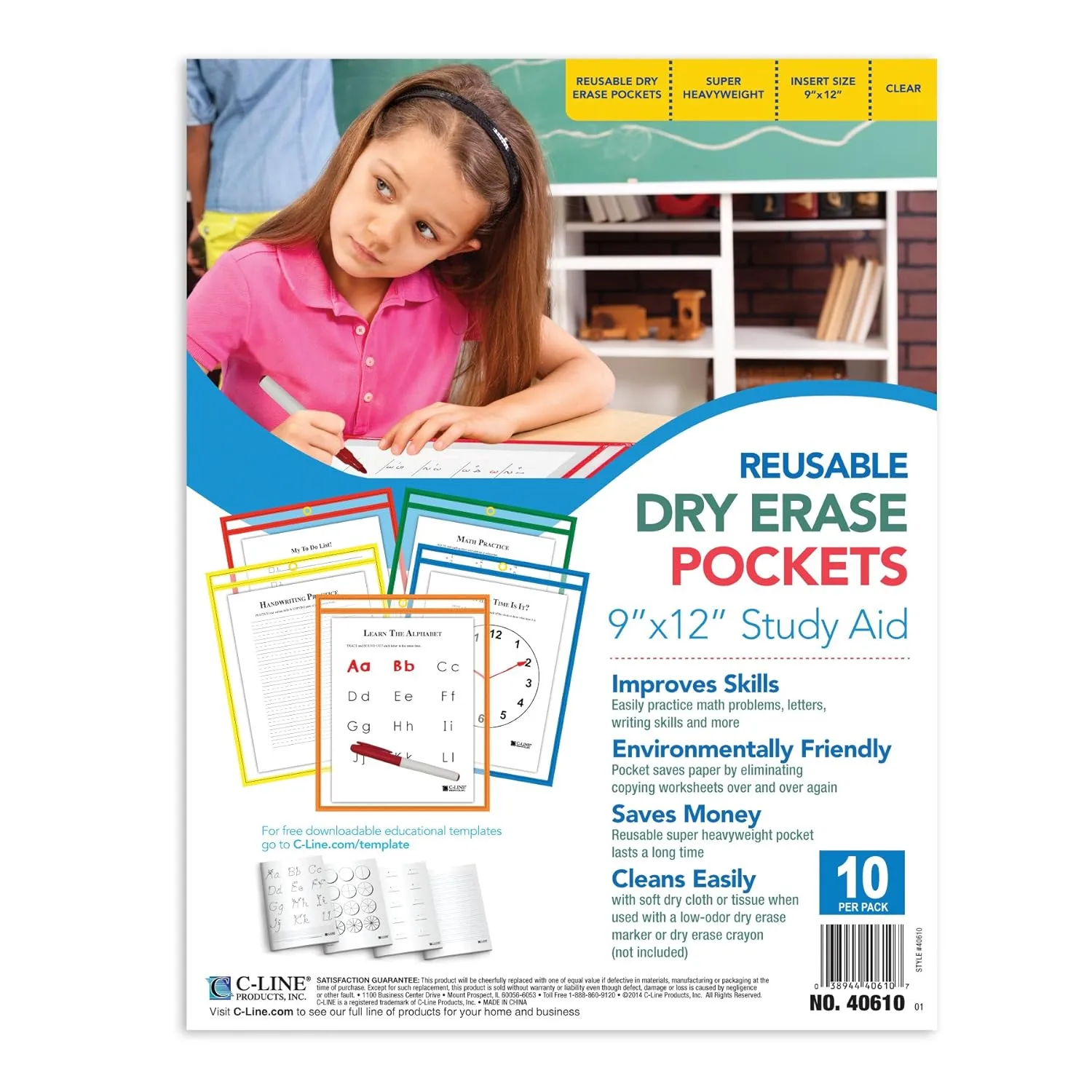 C-Line Reusable Dry Erase Pockets, 9 x 12 Inches, Assorted Primary Colors, 10 Pockets per Pack (40610)