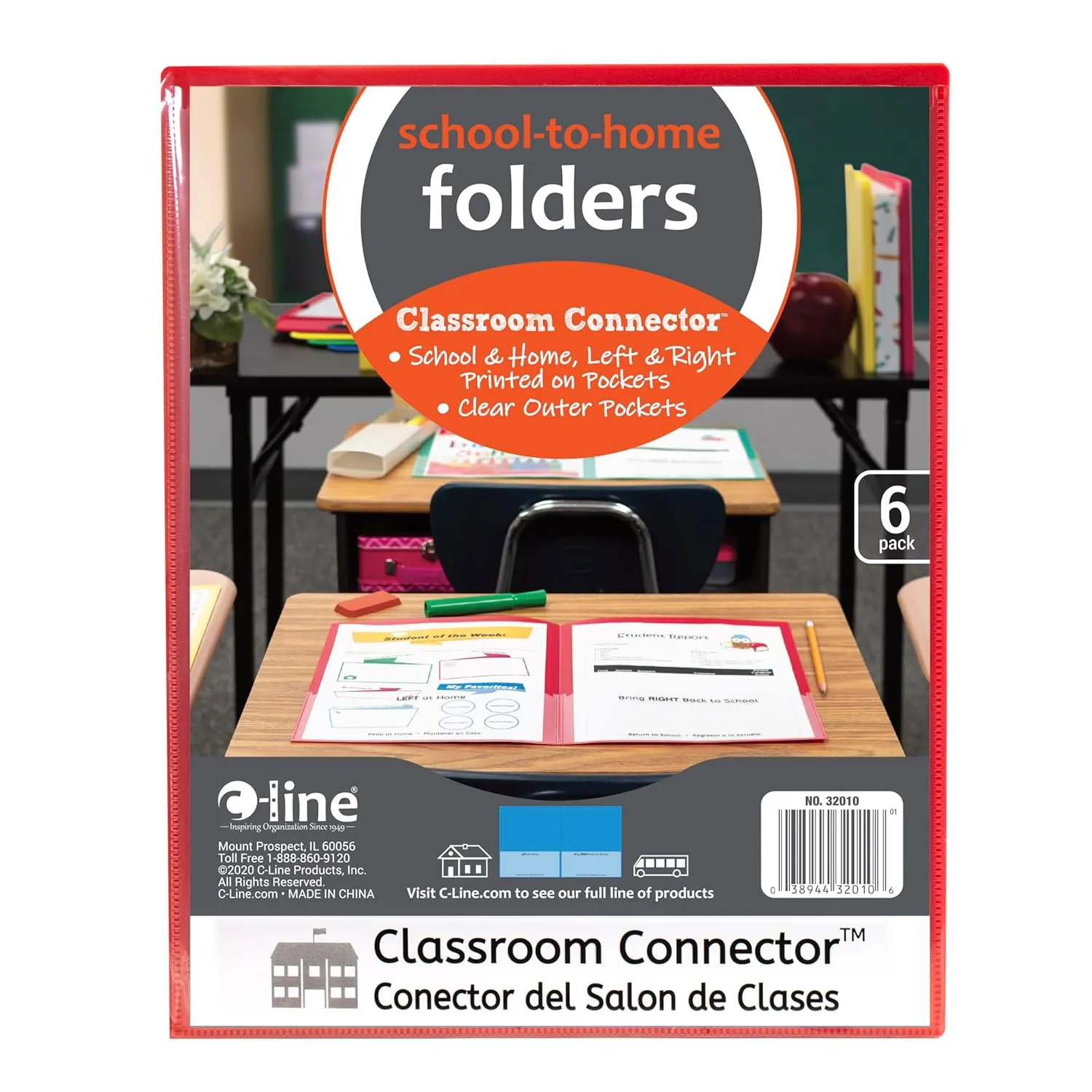 C-Line Classroom Connector School-to-Home Folders, Assorted Colors, 6 per Pack (32010)