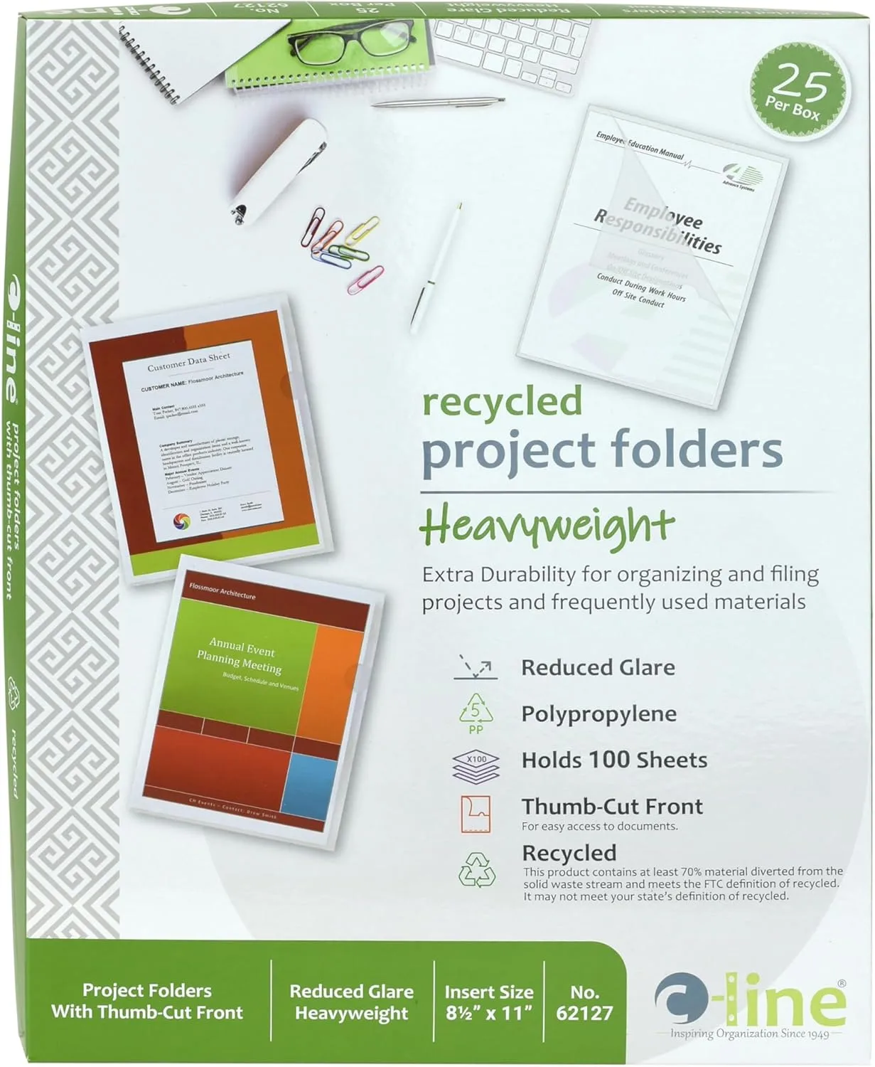 C-Line Recycled Project Folders with Thumb Cut Fronts, Reduced Glare, Letter Size, Clear, 25 per Box (62127)