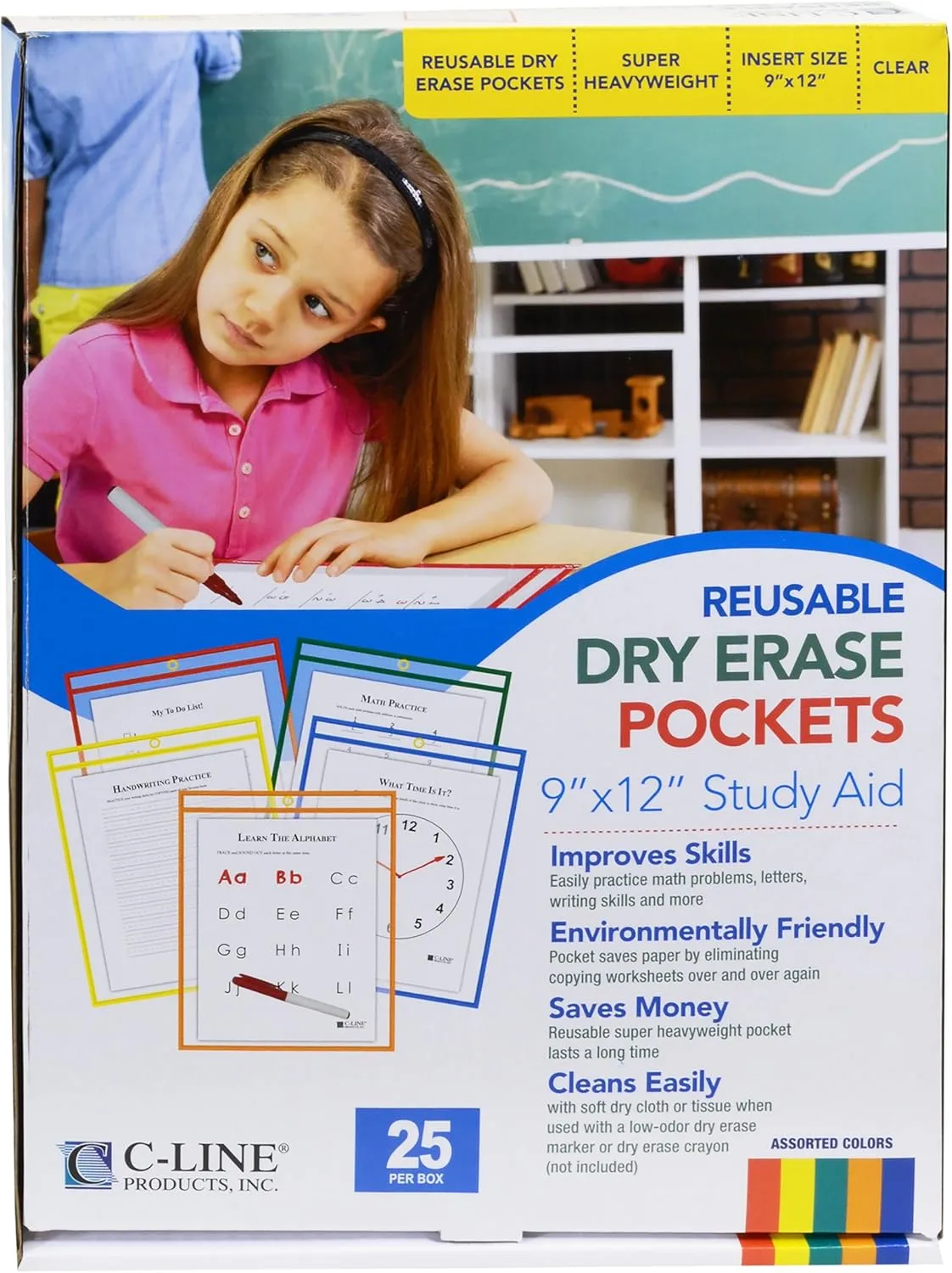 C-Line Reusable Dry Erase Pockets, 9 x 12 Inches, Assorted Primary Colors, 25 Pockets per Pack (40620)