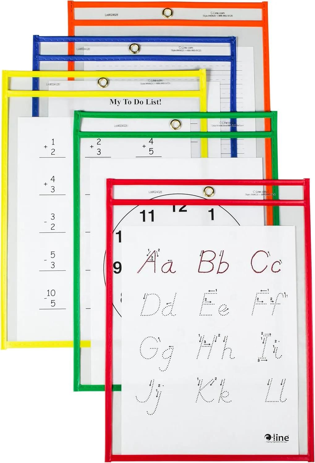 C-Line Reusable Dry Erase Pockets, 9 x 12 Inches, Assorted Primary Colors, 25 Pockets per Pack (40620)