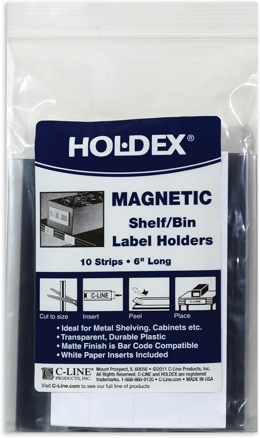C-Line HOL-DEX Magnetic Shelf/Bin Label Holders, 1 x 6 Inches, 10 per Box (87227)