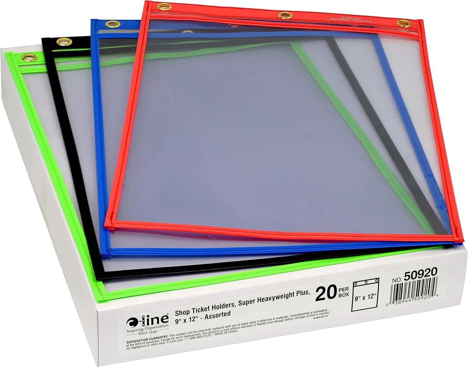 C-Line Heavy Duty Super Heavyweight Plus Stitched Shop Ticket Holder, Assorted Colors, 9 x 12 Inches, Box of 20 Shop Ticket Holders (50920)