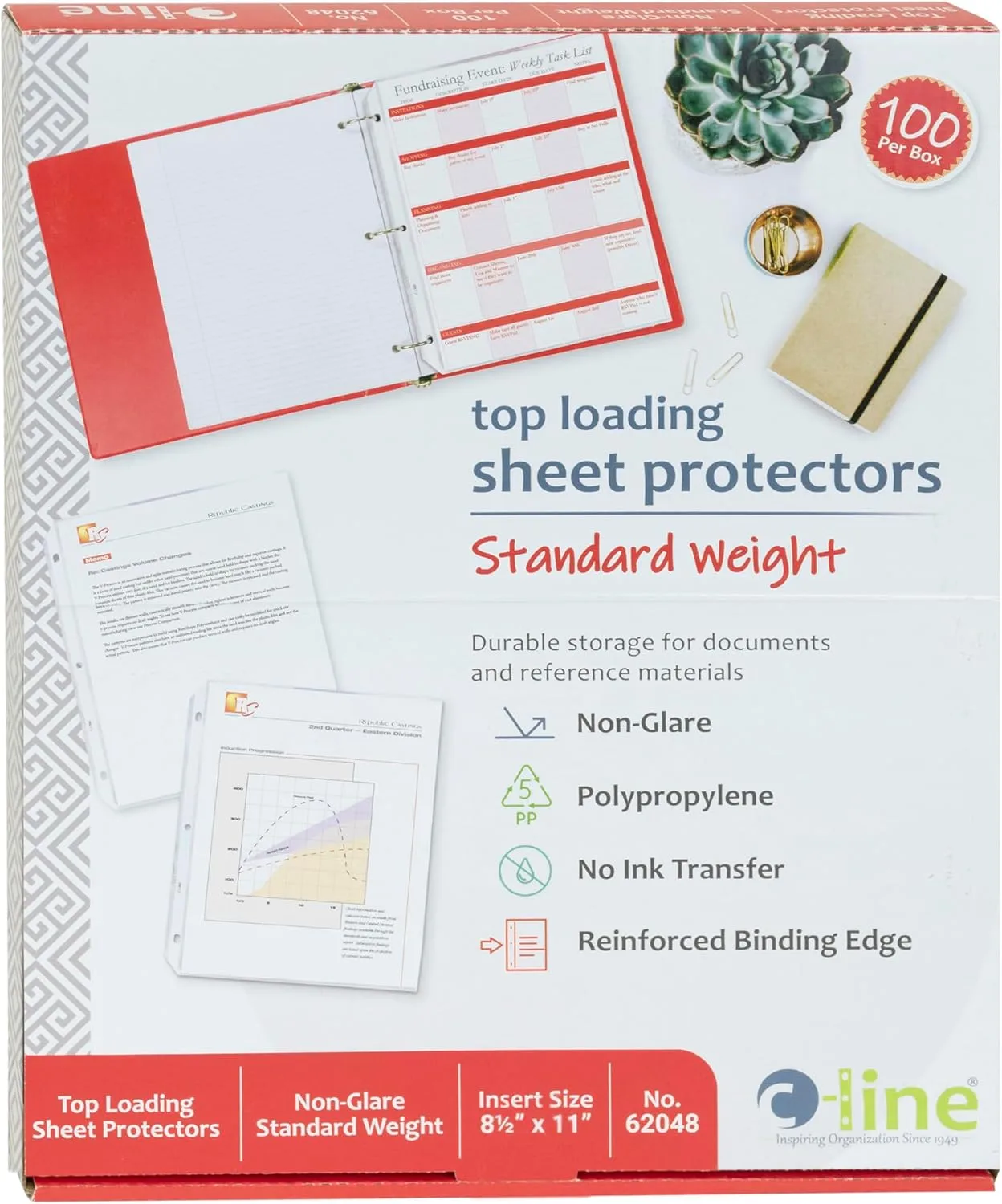 C-Line Top Loading Standard Weight Poly Sheet Protectors, Non-Glare, 8.5 x 11, 100/Box