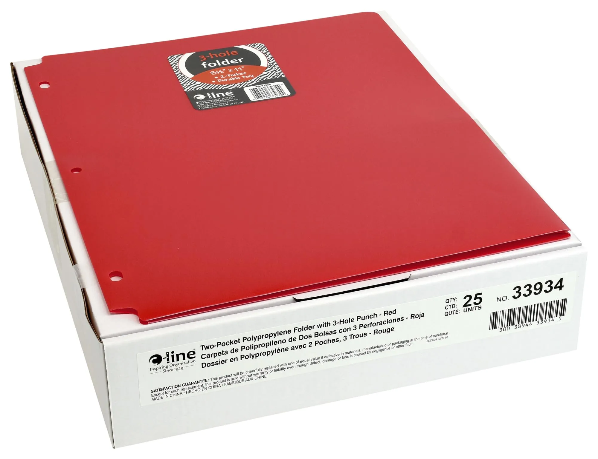 C-Line Two-Pocket Heavyweight Poly Portfolio Folder, 3-Hole Punch, 11 x 8.5, Red, 25/Box