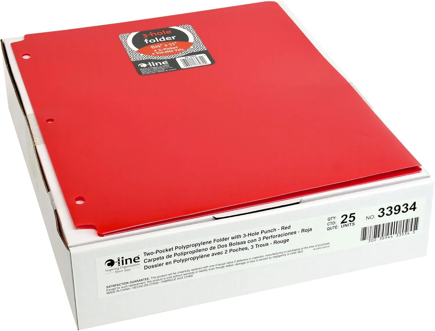 C-Line Two-Pocket Heavyweight Poly Portfolio Folder, 3-Hole Punch, 11 x 8.5, Red, 25/Box
