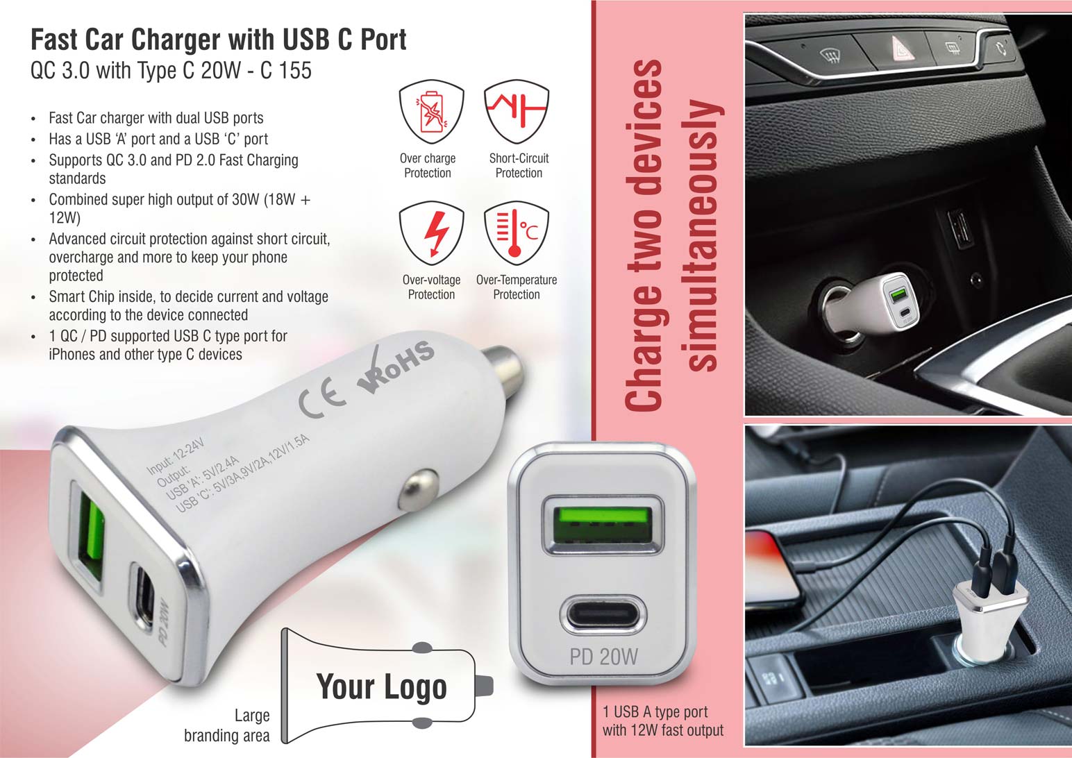 Fast car charger with USB C port