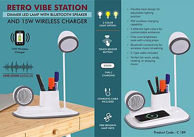 RetroVibe Station: Dimmer LED Lamp with Bluetooth speaker & 15W Wireless