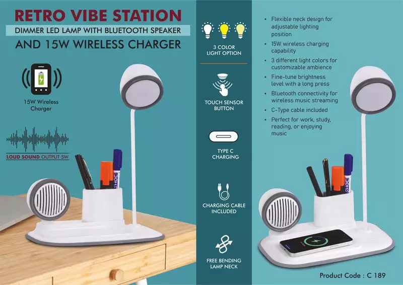 RetroVibe Station: Dimmer LED Lamp with Bluetooth speaker & 15W Wireless