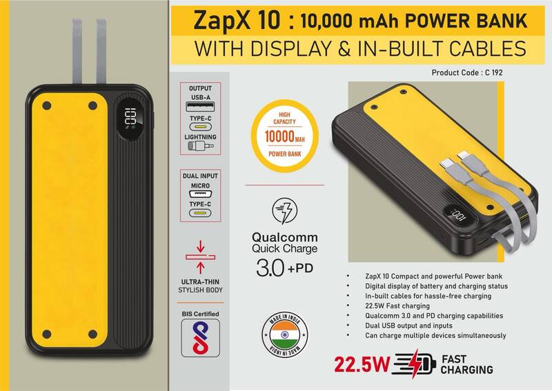 ZapX 10: 10,000 mAh Power bank with Display & In-Built Cables
