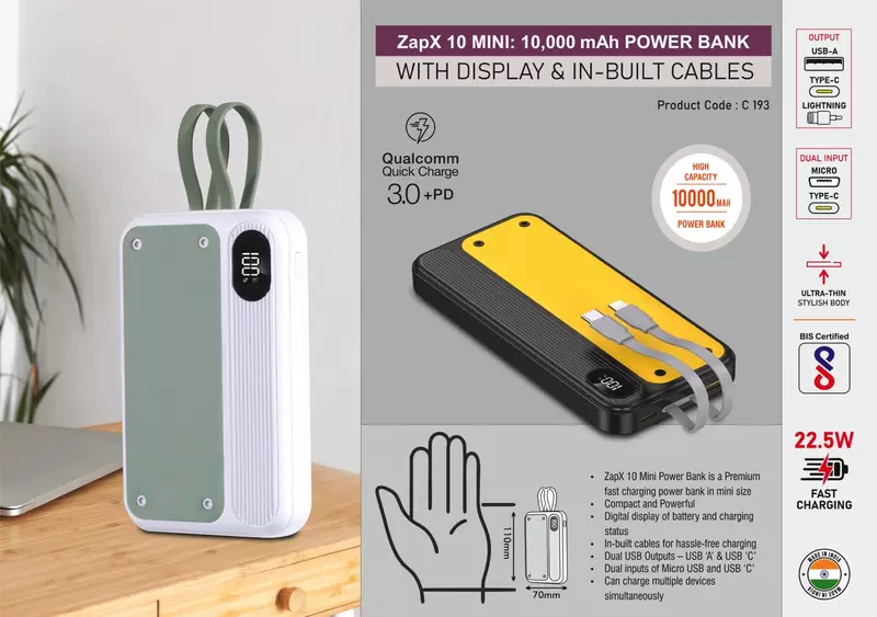 ZapX 10 Mini: 10,000 mAh Power bank with Display & In-Built Cables