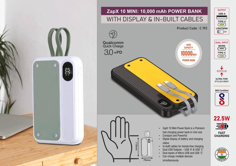 ZapX 10 Mini: 10,000 mAh Power bank with Display & In-Built Cables