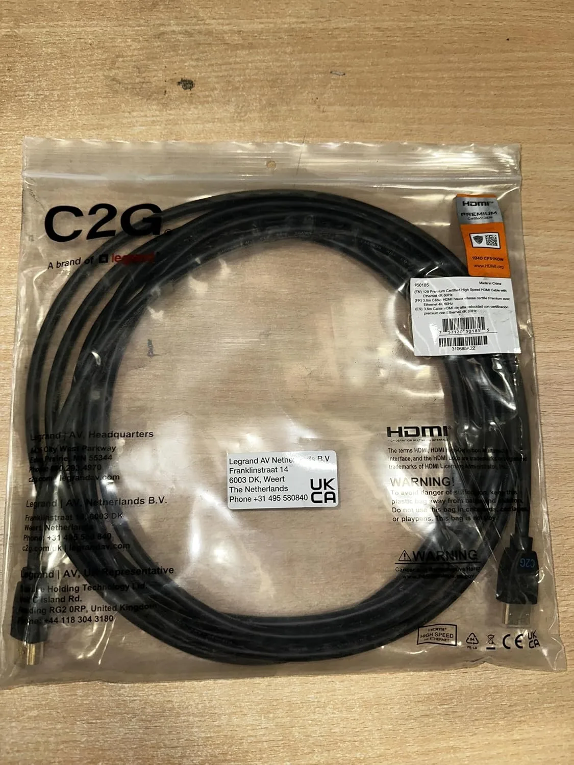 C2G Premium High Speed HDMI Cable with Ethernet, 4K@60Hz