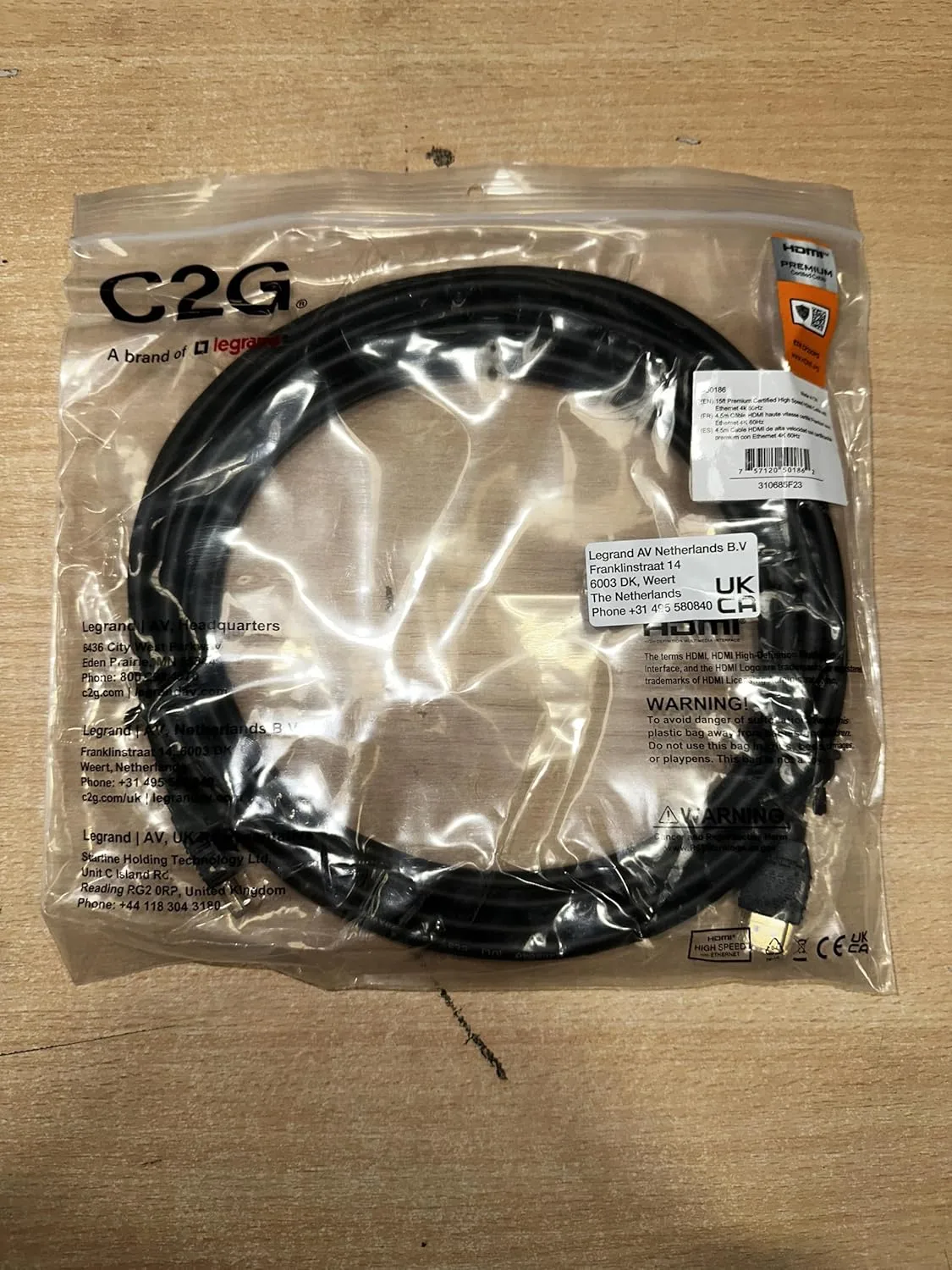 C2G Premium High Speed HDMI Cable with Ethernet, 4K@60Hz