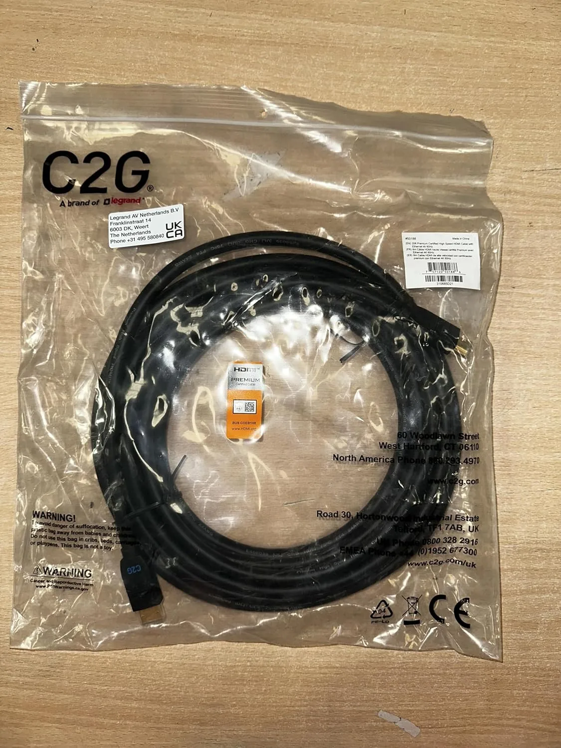 C2G Premium High Speed HDMI Cable with Ethernet, 4K@60Hz