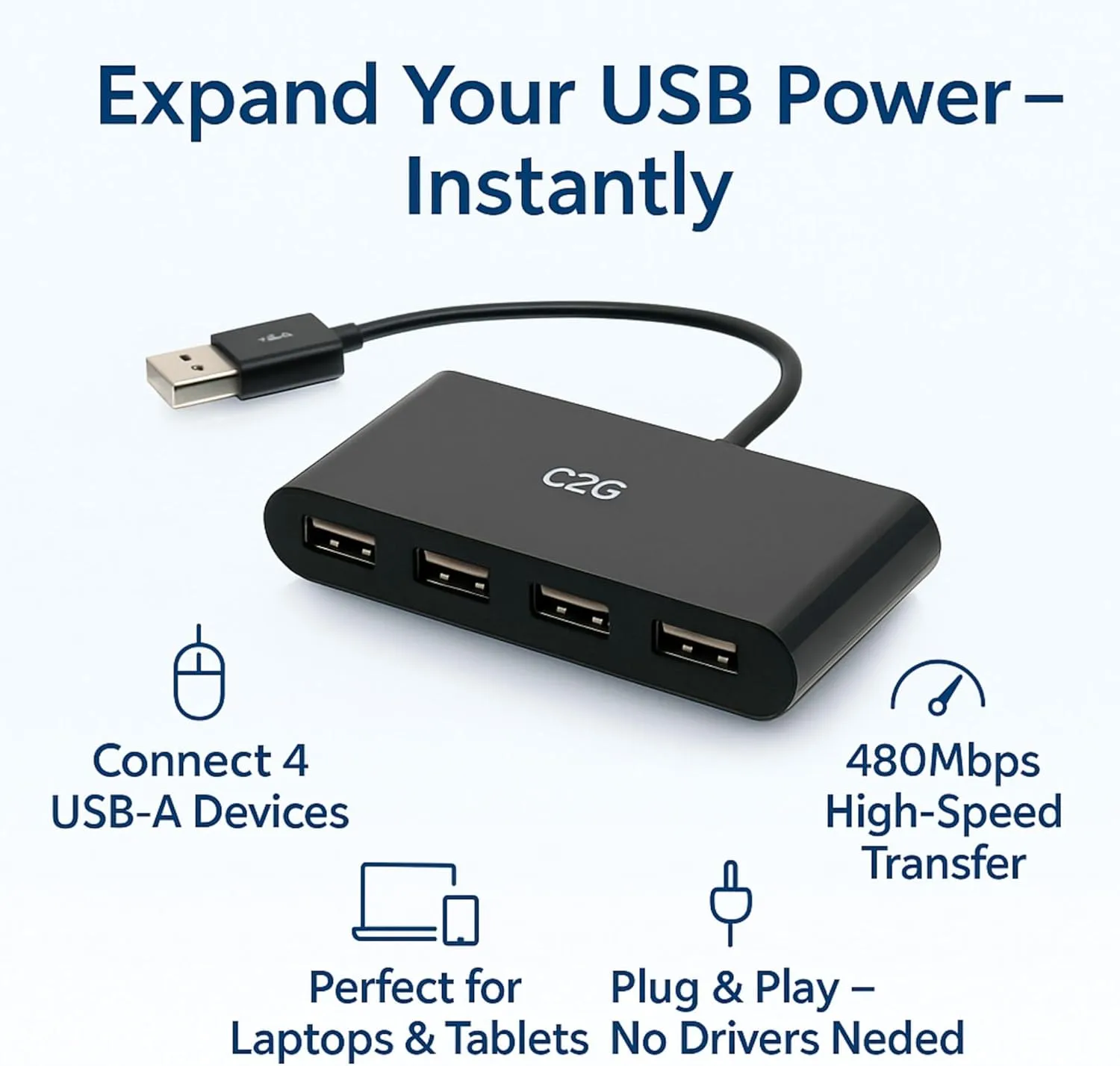C2G 4-Port USB-A 3.0 Hub - SuperSpeed USB 5Gbps, Black (C2G54462)