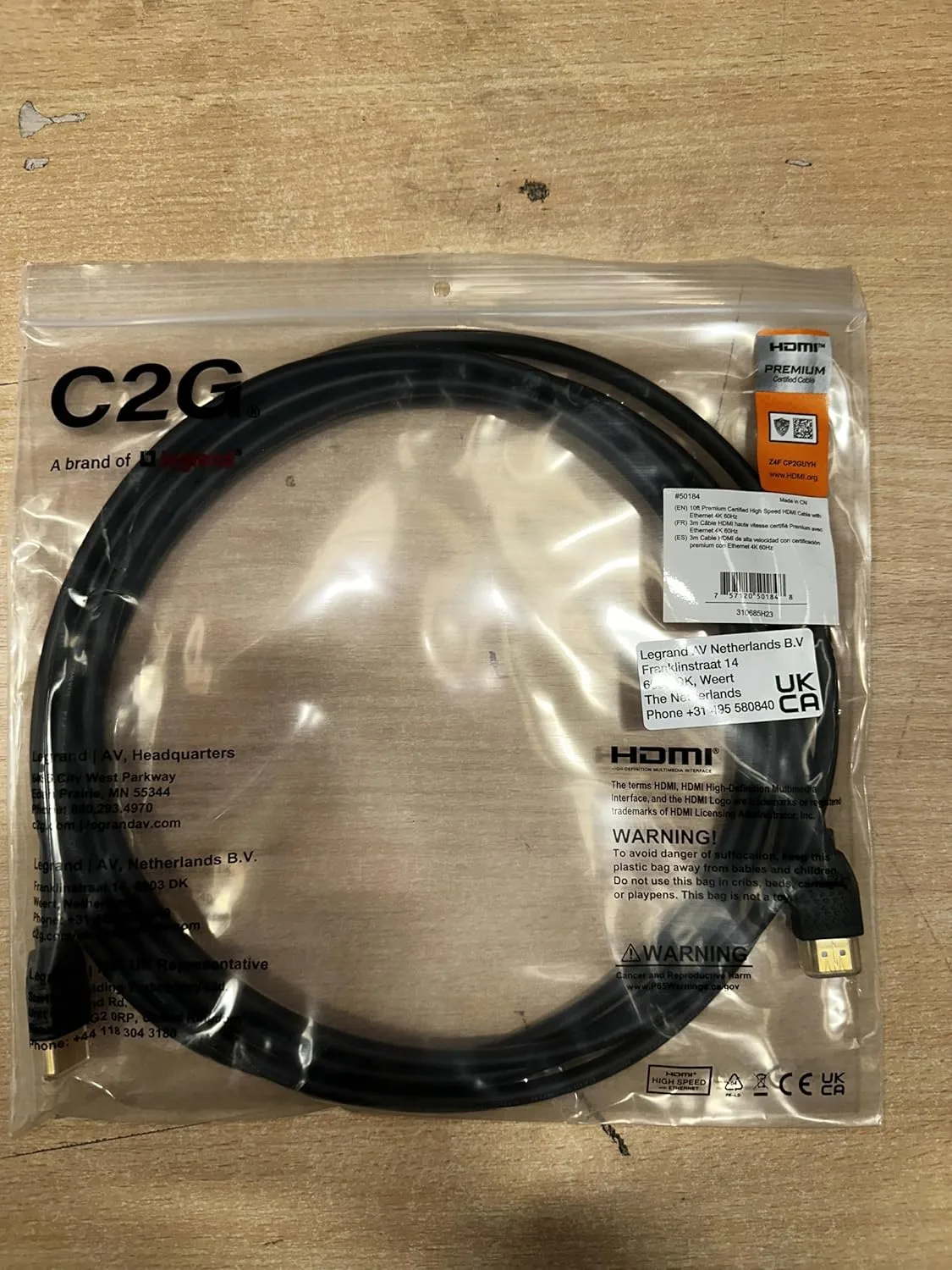 C2G Premium High Speed HDMI Cable with Ethernet, 4K@60Hz