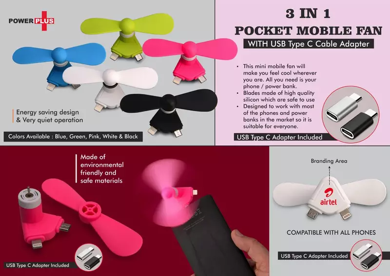 Pocket Mobile Fan for anywhere Cooling | Works with Micro USB, iPhone & Type C ports