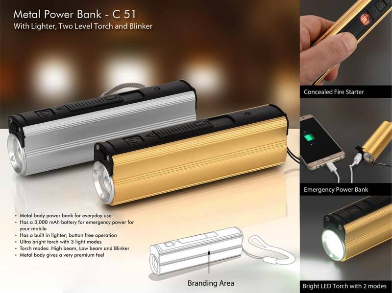 Metal Power bank with Lighter, two level Torch and blinker