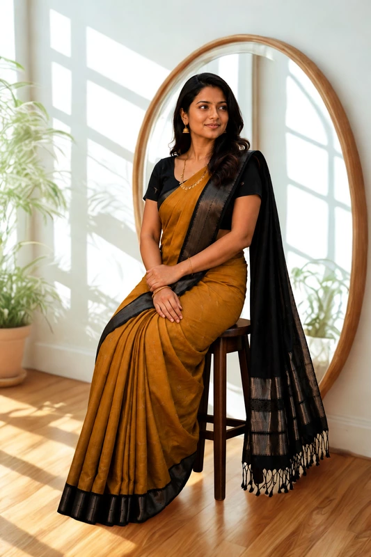 Maheswari silk cotton mustard with Black