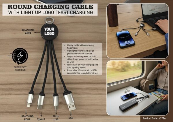 Round charging cable with light up logo