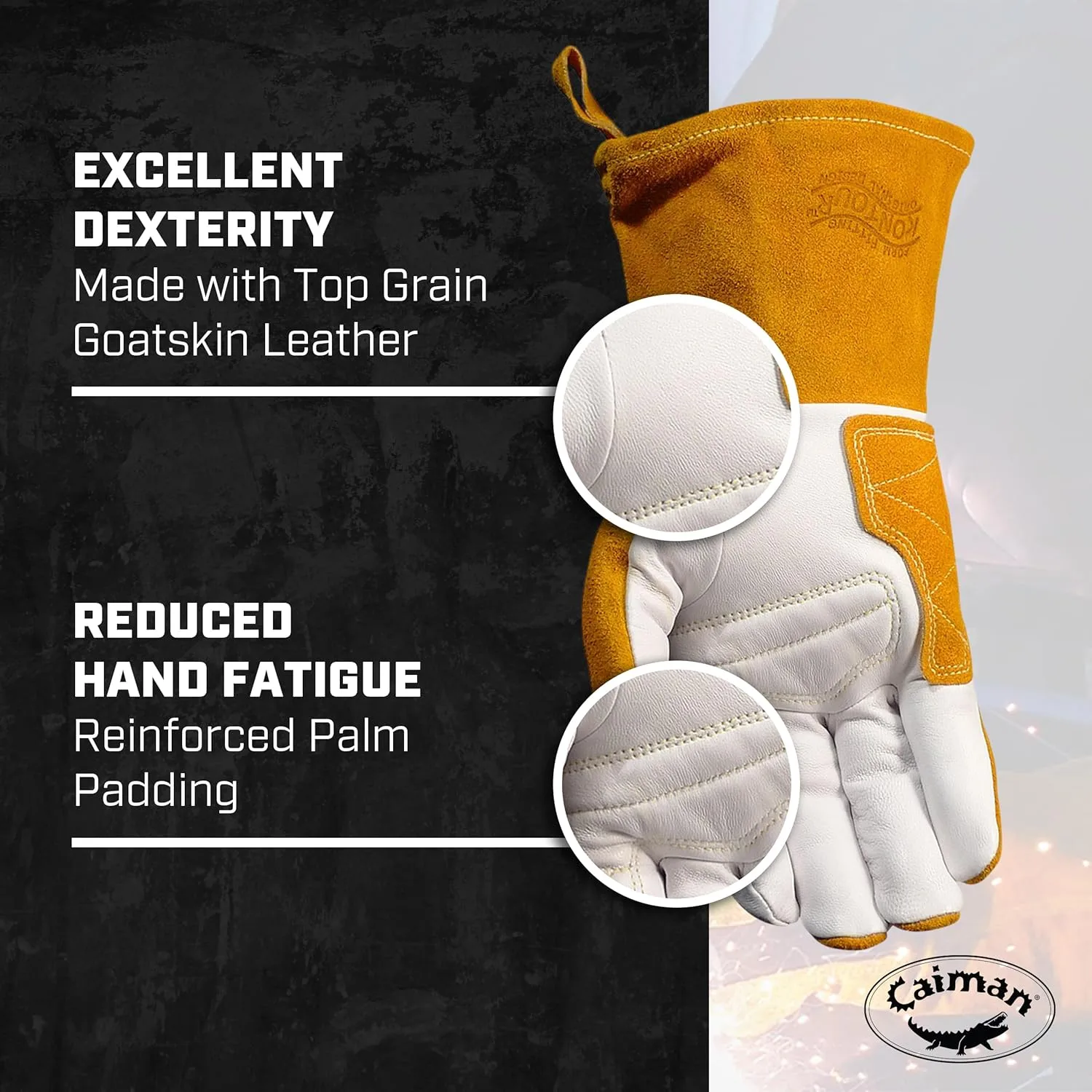 Caiman White/Gold Goat Grain Kontour Welding Gloves Arched Wrist Unlined Palm with Insulated Back/Padded Palm/Reinforced