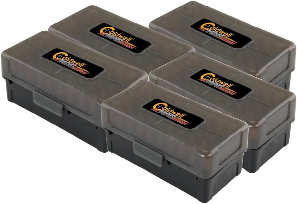 Caldwell Ammo Box with Removable Lid, 50 Round Capacity, 5 Pack, for Outdoor, Range, Shooting, Competition