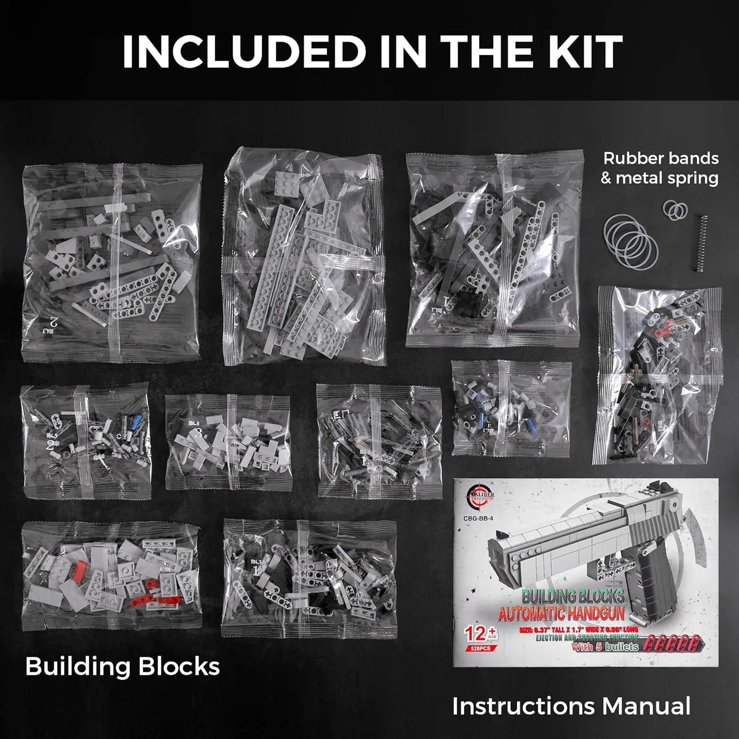 Caliber Gourmet Mechanical Model Kit - Automatic Toy Handgun, 528 pcs 3D Building Blocks