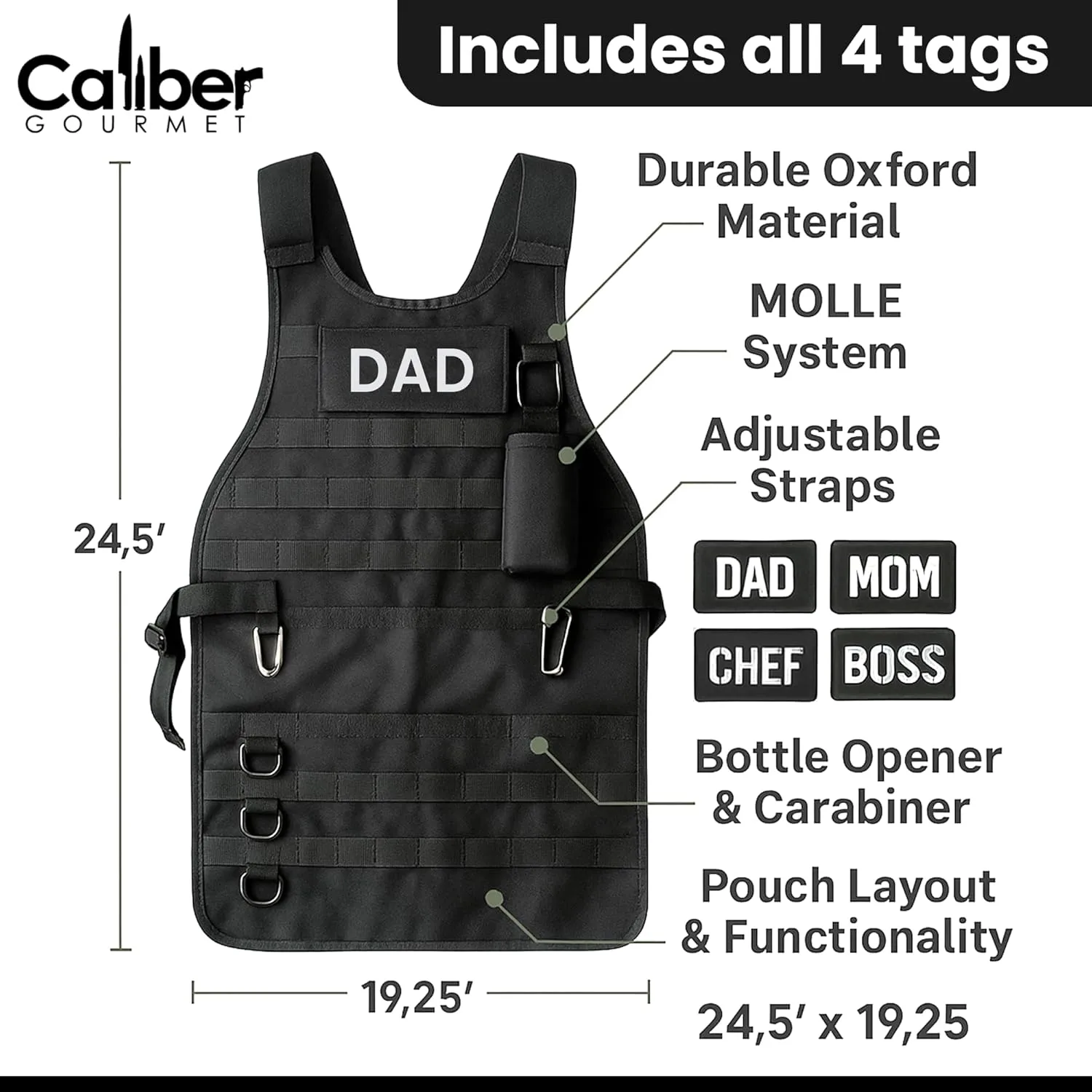 Caliber Gourmet Tactical Molle Apron Outdoor Durable Camping BBQ, Bottle Opener, Pockets, Reusable Carabiner, Adjustable