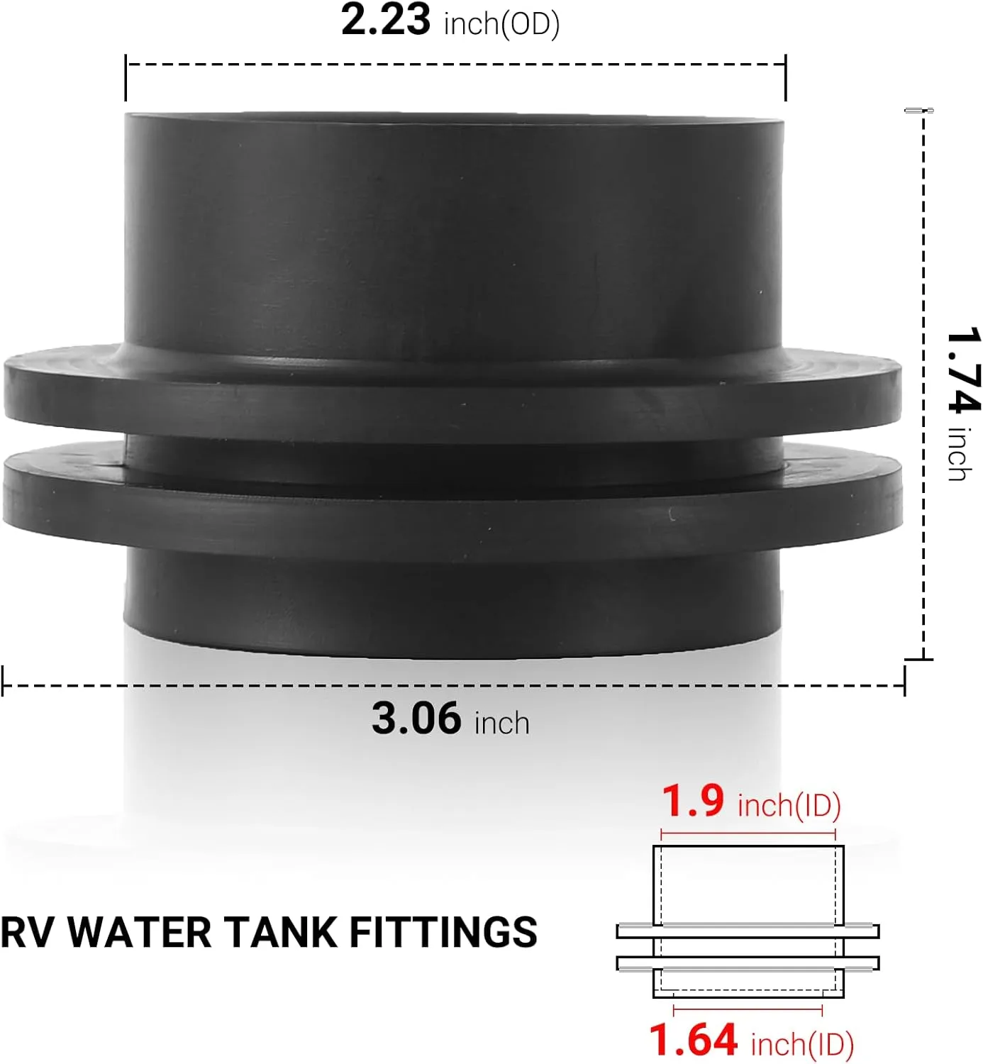 (2-Pack 1-1/2" RV Rubber Grommet (12483), RV Water Tank Fittings Holding Tank Fitting - Seals Securely, Black One Size