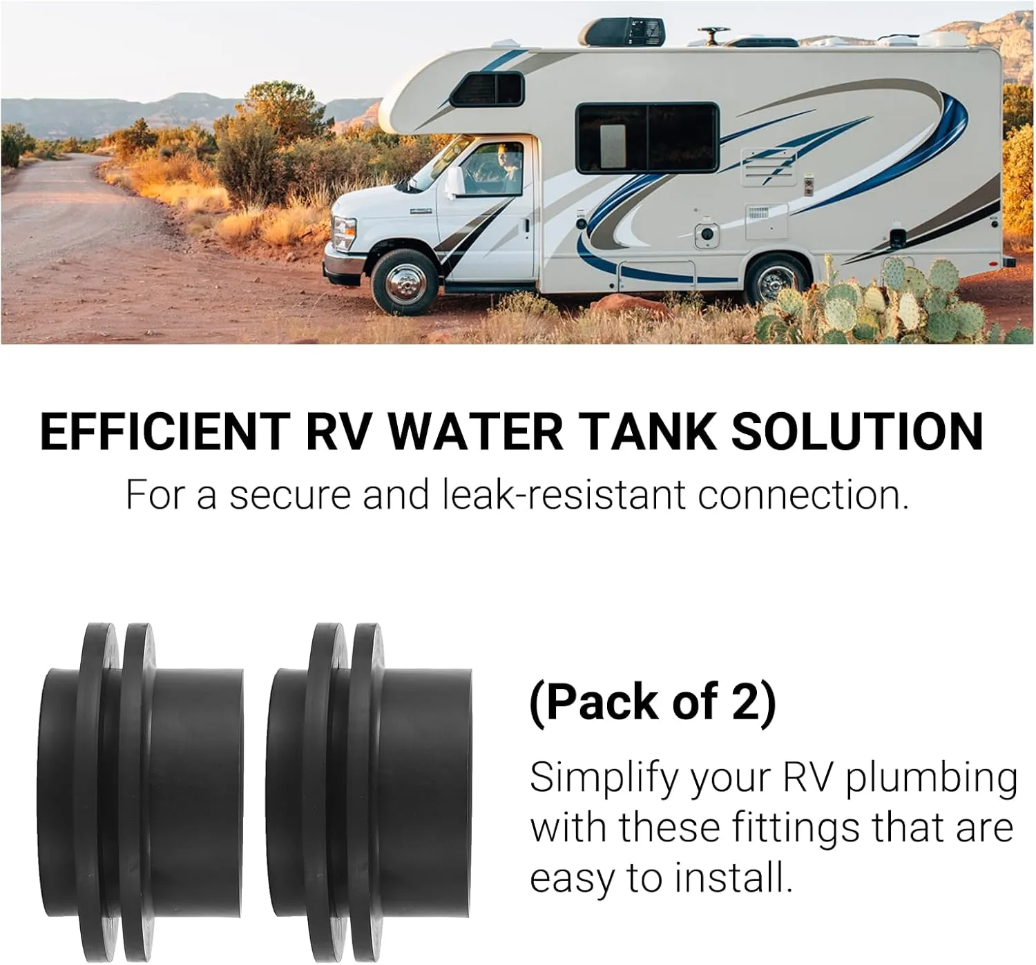 (2-Pack 1-1/2" RV Rubber Grommet (12483), RV Water Tank Fittings Holding Tank Fitting - Seals Securely, Black One Size